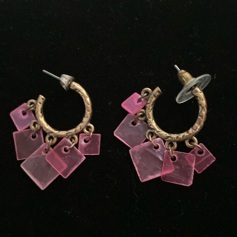 Hoop Earrings with Pink Square Dangles